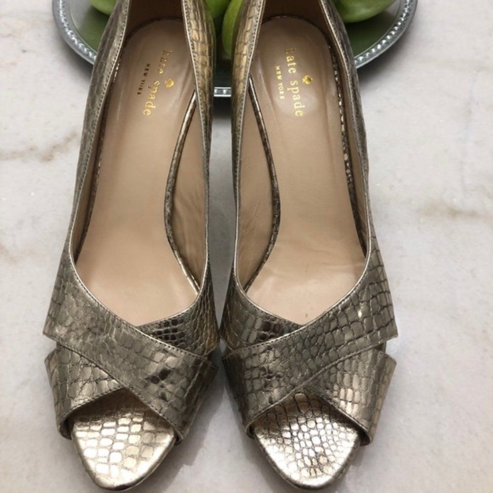 kate spade Metallic Gold Snakeskin Peep-Toe Heels